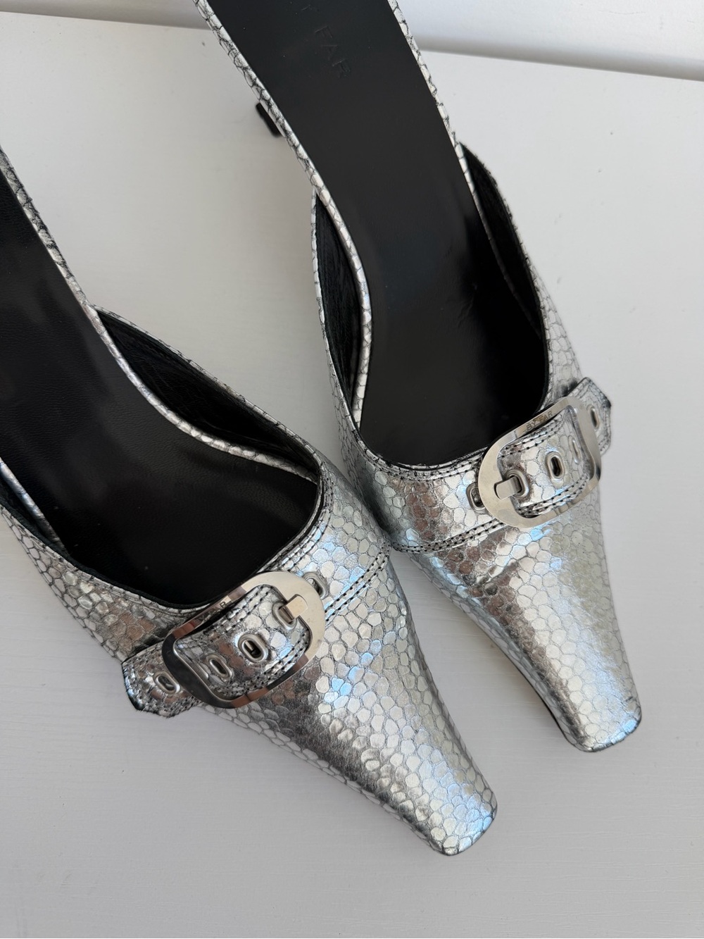 BY FAR 39 Evelyn Metallic Silver Pointed-Toe Mule Heels with Buckle - Picture 8 of 13